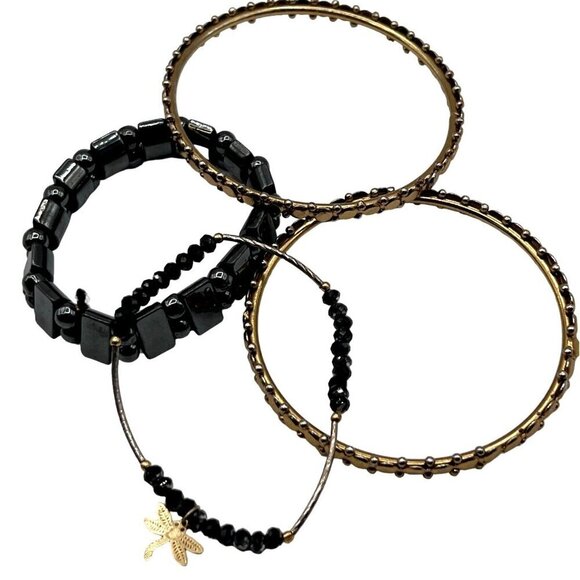 Gold & Black Beaded Jewelry Set: Layered Necklace 2  Bangles & 2 Bracelets. - Picture 7 of 10